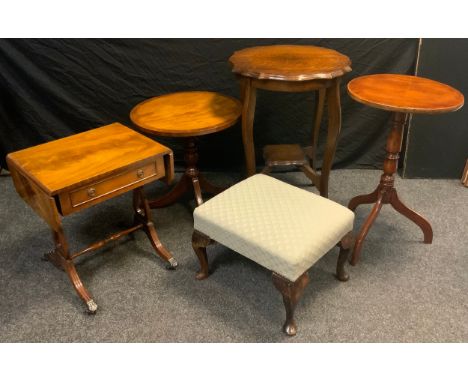 A Victorian walnut occasional table, circular top, turned column, tripod feet, 70cm high, 41cm diameter;  shaped oak occasion