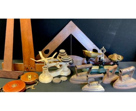 Tools and equipment - A Plum level, two tri squares, a John Rabone measuring tape, other, a set of Ray and Millward weighing 