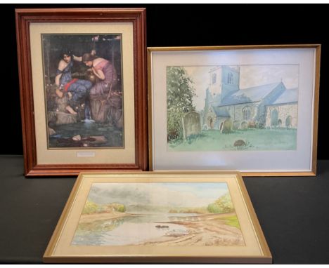 Pictures and Prints -  Mc Maffat, Watercolour, 'Boat in lake', signed, 36cm x 53cm; Watercolour of a Church, 36cm x 54cm ; Jo
