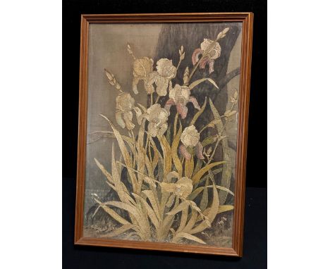 A 19th century hand embroidered wool work panel, Flag Iris, 50cm x 35cm 