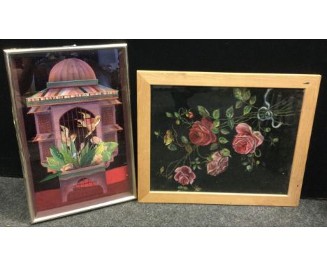 Angela Dickinson, an embroidered panel, Captive Birds and foliage, signed verso, dated 81, 49cm x 30cm;  English School, Pink