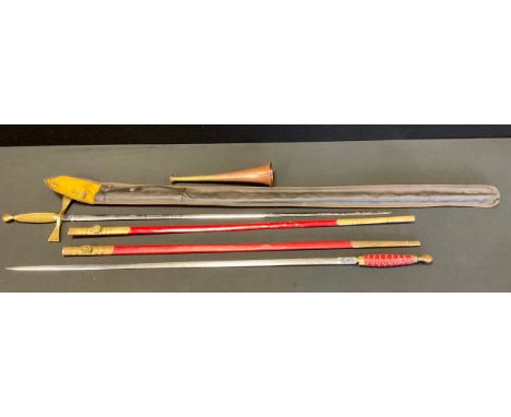 A Masonic dress sword, unsigned blade, brass hilt and cross guard, red painted scabbard, 85.5cm long overall; another Toye &a