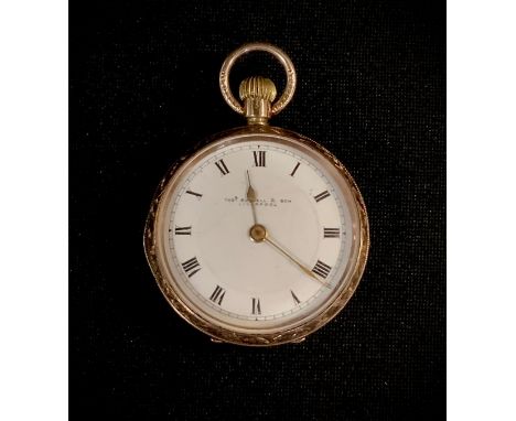 A lady's 9ct gold cased fob watch, white enamel dial, signed Thomas Russell &amp; Son Liverpool, Roman numerals, button wind 