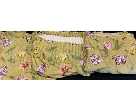 A pair of embroidered lined curtains,  decorated with Dragonflies and Flowers, green ground, 160cm drop, 330cm wide,  conform