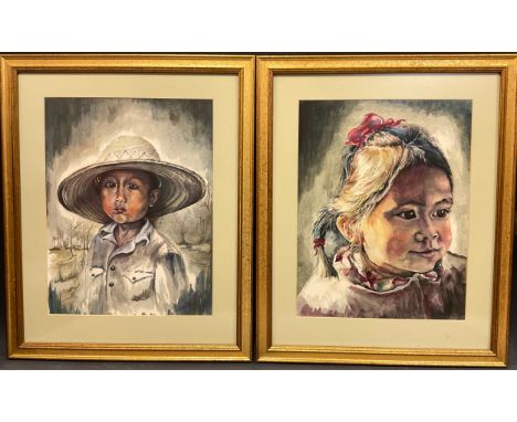 Loretta Barr (Australian), a pair, Portrait of a Malaysian Girl, and a Malaysian Boy, each signed, watercolours, 39cm x 30cm,