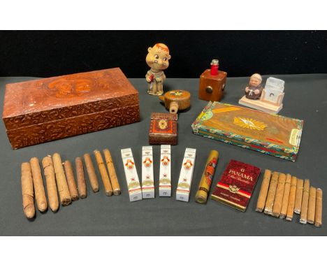 A leather humidor with assorted Panama and other cigars, four Schimmel penninck cigars, boxed,  another with tube;  Goebel Mo