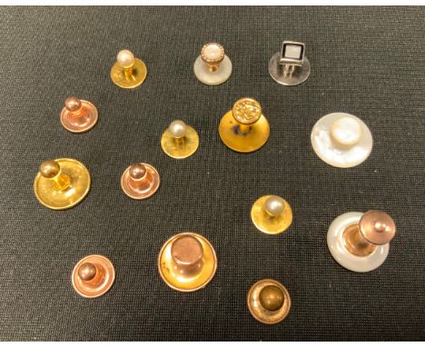 Jewellery - five 9ct gold mounted shirt studs, three with seed pearl tips, 4.6g gross; other unmarked rose coloured metal 1.6