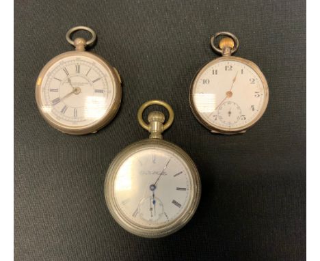 A late 19th century Swiss silver open faced pocket watch, Centre Seconds Chronograph, .800 standard, c. 1900; others (3) 