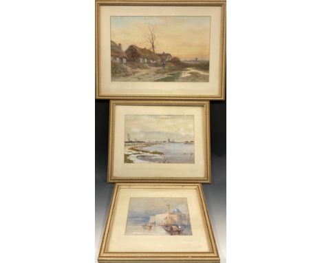 Victorian school, a trio of watercolours, Outside the Crofters’ Cottages, signed, H. Level, 33cm x 49.5cm;  R. Scott, Venetia