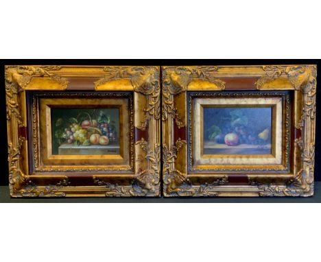 Amato, a pair, after, Grapes, Apples and Pears, oil on panel, 11cm x 16cm baroque gilt and burgundy frames (2) 