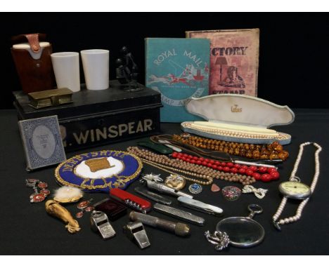 Boxes and Objects - mother of pearl pen knives, others; ACME whistles, Roxeco pocket watch, costume jewellery, stamp albums; 