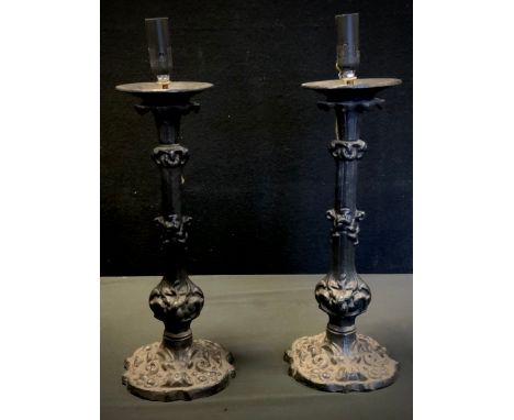 Lighting - a pair of baroque style cast iron lamps, painted black, 48cm (2) 