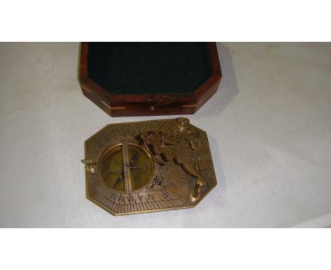 Vintage style brass sundial compass in wooden box