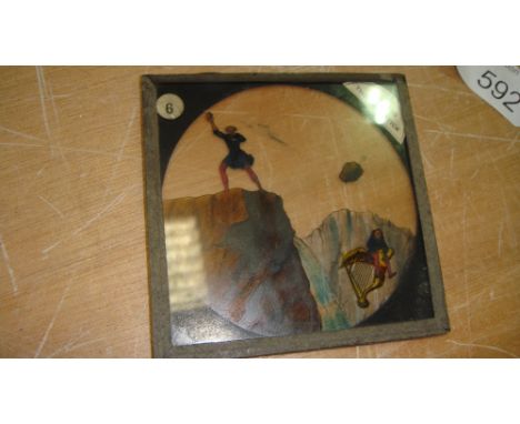 50 x Antique magic lantern slides in wooden box mainly childrens nursery rhyme characters including Jack and the Beanstalk am