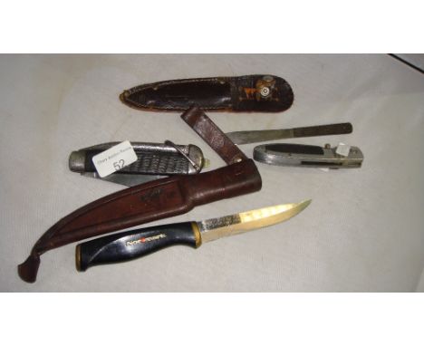 VIntage Army issue folding pocket knife, Normark fishing knife in sheath and other knives