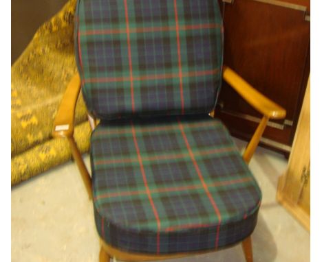 Vintage Ercol stick back suite including 2 x two seater settees & easy chair in later plaid upholstery