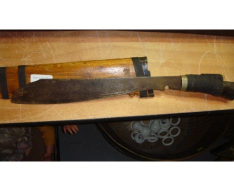 Vintage South East Asian parang with hardwood handle and sheath blade length 30 cms handle length 10 cms