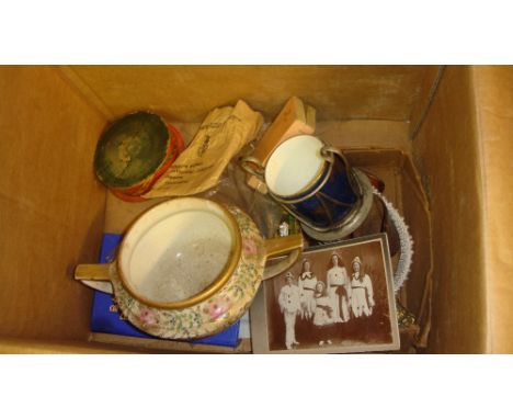 Box of oddments including vintage painted jar and cover, Art Deco matchbox holder (surface rust), George Jones beaker in silv