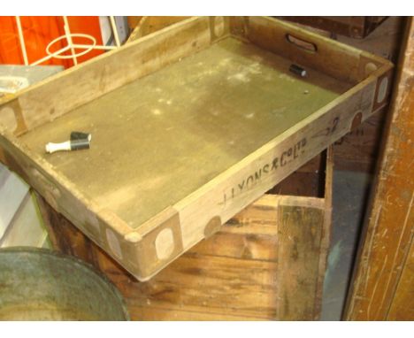 2 x vintage wooden crates, 1 x vintage advertising tray  J Lyons & co. & ammunition box & contents