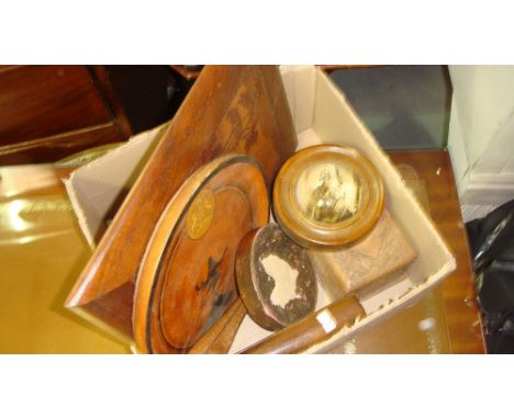 Selection of treen including vintage Indian plaque, glove stretcher, animal ornaments, Torquay glass and wooden frame paperwe
