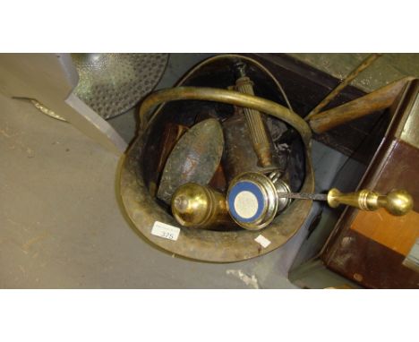 Brass coal helmet and contents including vintage brass fire extinguisher