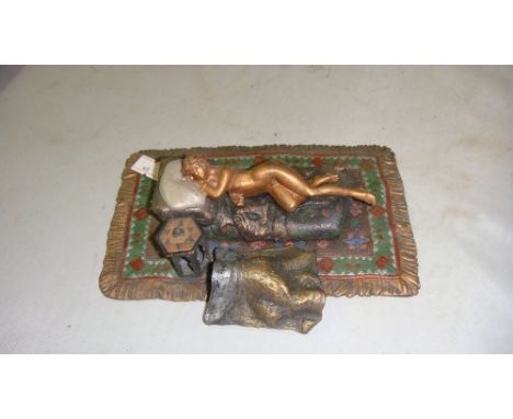 Bergman Namgreb style cold painted metal figure of Lady in Bed, bedsheets lifts off to reveal a reclining nude 