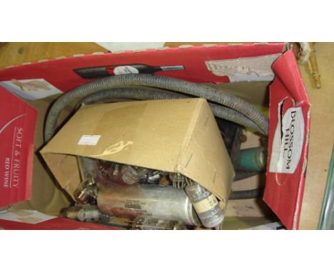 Box of radio valves & vintage iron