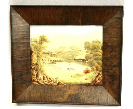 Antique oak framed countryside lake scene painted on ceramic tile, 20 x 16 cm. P&amp;P Group 2 (£18+VAT for the first lot and