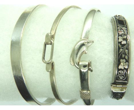 Three 925 silver bangles, combined 43g and a further white metal bangle. P&amp;P Group 1 (£14+VAT for the first lot and £1+VA