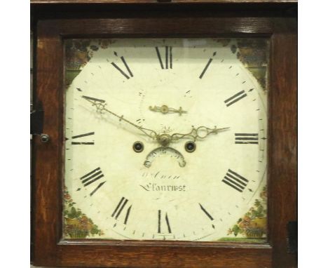 William Owen Llanrwst oak longcase clock, having distressed painted dial, H: 216 cm, works for 30 seconds and stops. The glas