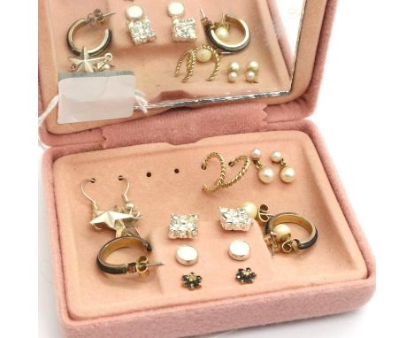 Eight pairs of earrings including gold hoops, gold diamond/sapphire and opals. P&amp;P Group 1 (£14+VAT for the first lot and