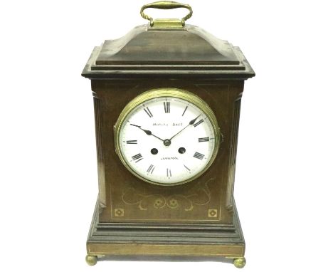Large antique mahogany chiming carriage clock, dial marked Morath Bros Liverpool, pendulum present, no key, H: 36 cm. Not ava