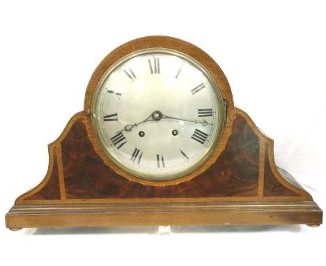Large mahogany chiming mantel clock, 54 x 34 cm. Pendulum present, no key, unchecked. Not available for in-house P&amp;P, con
