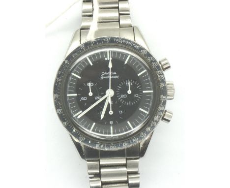 Omega Speedmaster; 1963 model on Omega steel bracelet, black dial, working at lotting. Inner case numbered S105.003-63. Bezel