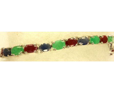 925 silver ruby sapphire and emerald bracelet, L: 19 cm, with certificate. P&amp;P Group 1 (£14+VAT for the first lot and £1+