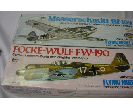Two Guillows Balsa/Tissue rubber powered flying model aircraft kits, FW190 - 16 1/2 inch wingspan and ME109 - 16 1/2 inch win