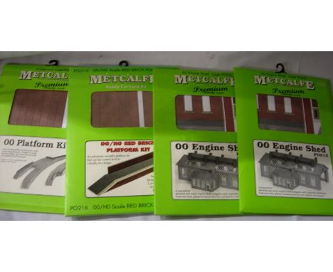 Four Metcalfe OO scale card kits, two P0216 platforms red brick, two P0213 engine shed, appears complete, contents unchecked.