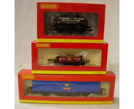 Three Hornby OO wagons R6568 Oakbank Oil R6592 Fleetwood Co-operative, R6414 Hornby 2008 wagon. All in excellent condition, s