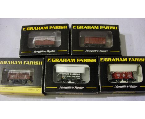 N gauge; five Graham Farish wagons, various types, mostly in excellent condition, boxed. P&amp;P Group 1 (£14+VAT for the fir