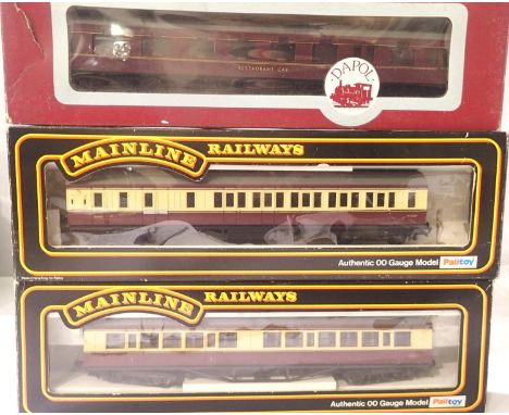 Dapol 12 wheel restaurant car, BR Maroon, and two Mainline Blood/Custard, MK1 coaches, in excellent condition (wrong boxes), 