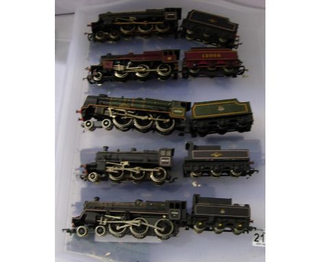 Five OO scale locomotives including Royal Scot, Crab, Mogul etc. All require attention, for spares or repair. P&amp;P Group 2