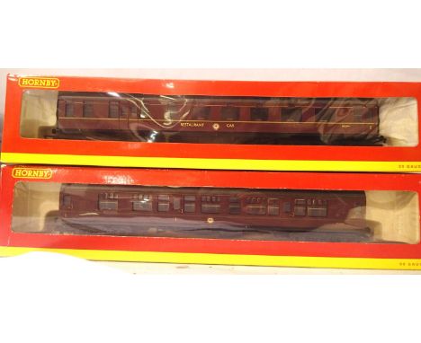 Two Hornby MK1 BR Maroon coaches - R4201A composite, M16101 weathered, R4131A dining car M229m (in M239M box), both excellent