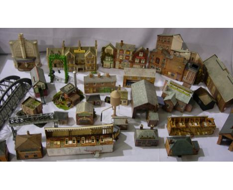 Selection of OO scale buildings, some with lights, mostly card, some low relief, mostly in good condition, ex layout, may hav