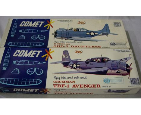 Two Comet Balsa/Tissue rubber powered flying model aircraft kits; Dauntless and Avenger. Both 20 inch wingspan, contents unch
