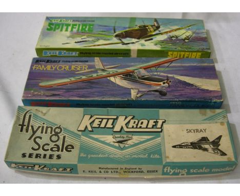 Three vintage Keilkraft balsa/tissue, flying model aircraft kits: Skyray, Spitfire &amp; Piper Family Cruiser, contents unche