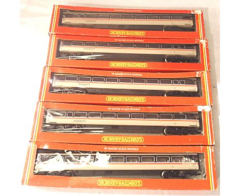 Five Hornby BR MK 4 coaches Intercity livery, two R405, three R407, some renumbered, 11208, 11214, 11201, 12401, 12406, in ve