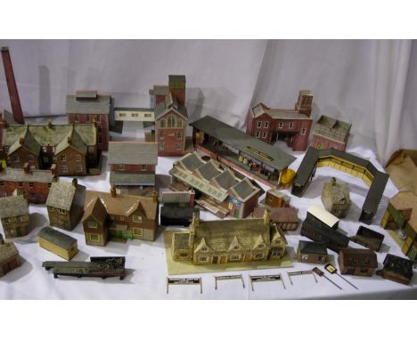 Selection of OO scale buildings, some with lights, mostly card, factory, houses, goods, shed, engine sheds, huts, etc, mostly