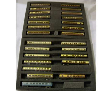 N gauge; twenty six coaches, mostly chocolate/cream, various makes and types. Mostly in good - very good condition, in storag
