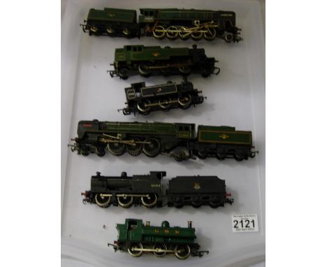 Six OO scale locomotives including Evening Star, Britannia, Pannier tank etc. All require attention, for spares or repair. P&