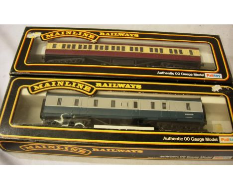 Two Mainline OO coaches; 937304 parcels van blue/grey and 37-111 57 corridor coach cream crimson. Both in excellent condition